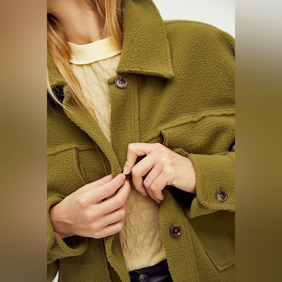 Free People Olive Green Button Up Fleece James Jacket Size L - Picture 14 of 16